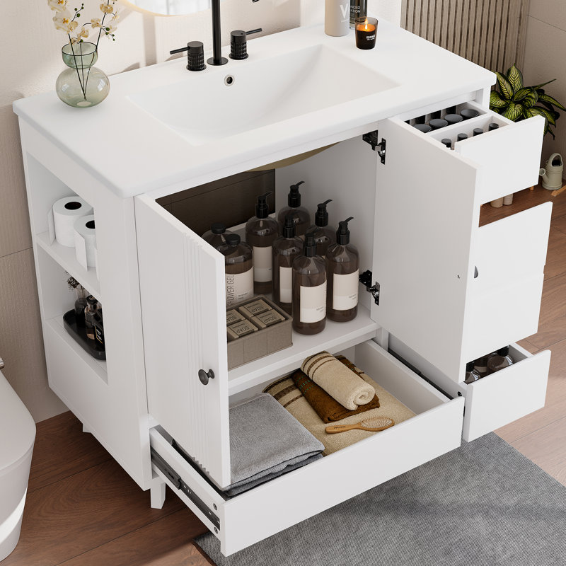 Meuble-lavabo de 36 po avec lavabo Roomfitters, armoire en bois massif avec tiroir latéral et tiroirs, blanc, Blanc