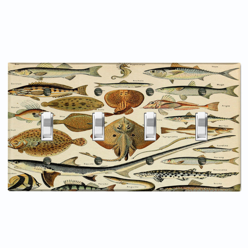Couvercle de plaque d'interrupteur en métal; Bascule à 4 tailles US standard - créatures de la mer, # 4 Quad bascule
