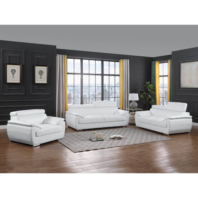 Ensemble de canapé, causeuse et chaise en cuir véritable Aieshia, Blanc