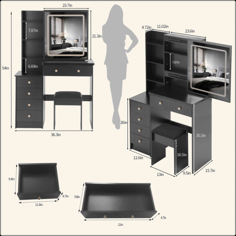 Meuble-lavabo de 37 po avec tabouret de taille moyenne 37 po + tabouret rembourré, grande commande tactile, interrupteur tricolore, miroir à luminosité réglable, rangement grande capacité, convient aux espaces moyens