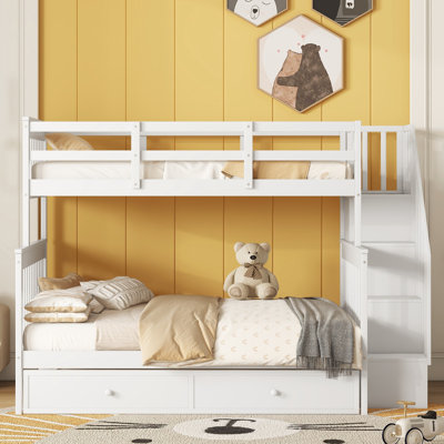 Stairway Twin-Over-Full Bunk Bed With Twin Size Trundle, Storage And Guard Rail For Bedroom