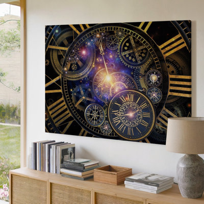Toile dans un tableau cosmique envoûtant, entrelacs d'engrenages et d'horloges entrelacés riches dans de riches teintes dorées qui émergent sur un fond d'art sur toile