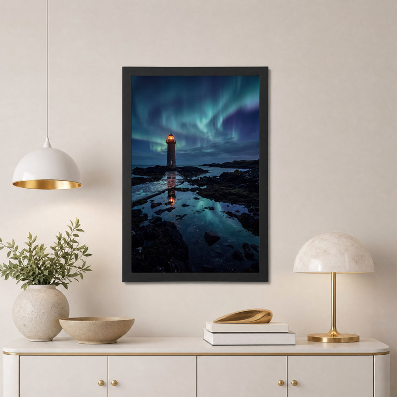 Art sur toile, "Phare sous les aurores boréales sur la côte rocheuse", H 30 po x l 20 po