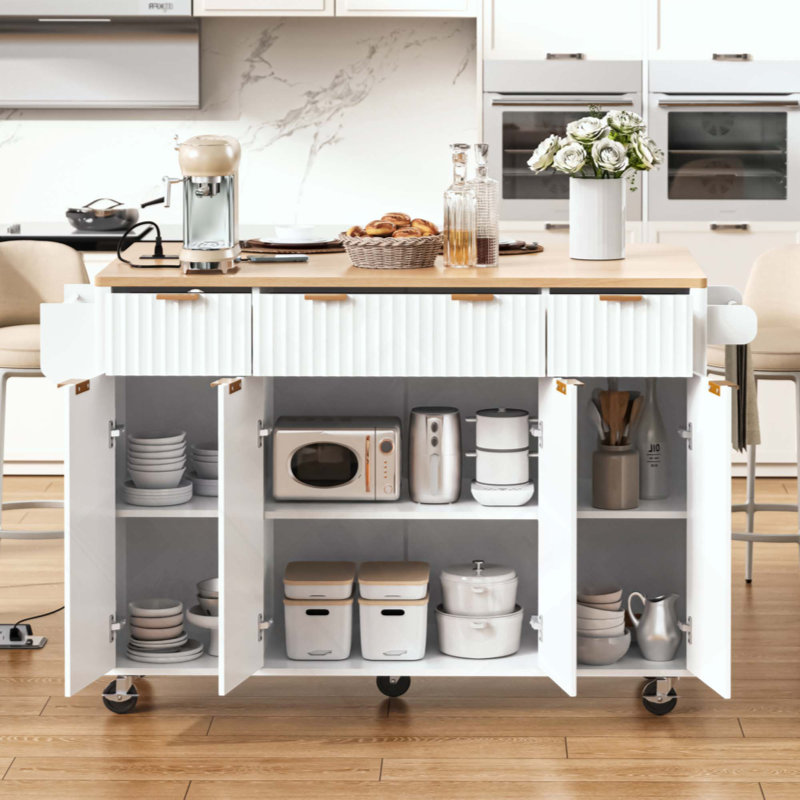 Fluted Kitchen Island With Storage, Kitchen Island With Drop Leaf, Power Outlet, 4 Doors And 3 Drawers, Rolling Island Table With Wood-Grain Top, Curved Edge For Kitchen,Dining Room