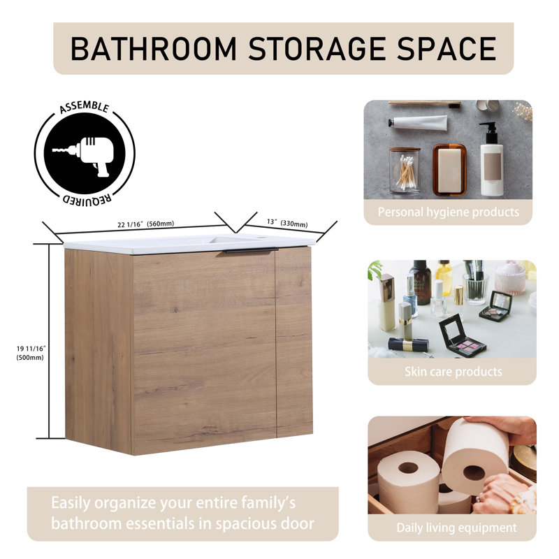 Meuble-lavabo simple mural 22 po Creedan - Portes à fermeture douce et plateau en céramique, Beige