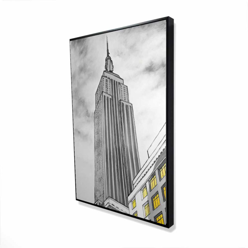 Empire State Building Outline Gray Framed Canvas - Home Decor