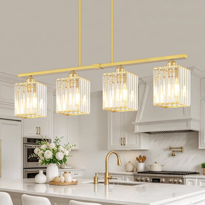 Luminaire pour îlot de cuisine à 4 lumières en or brossé, suspensions modernes en cristal pour salle à manger, lustre linéaire réglable