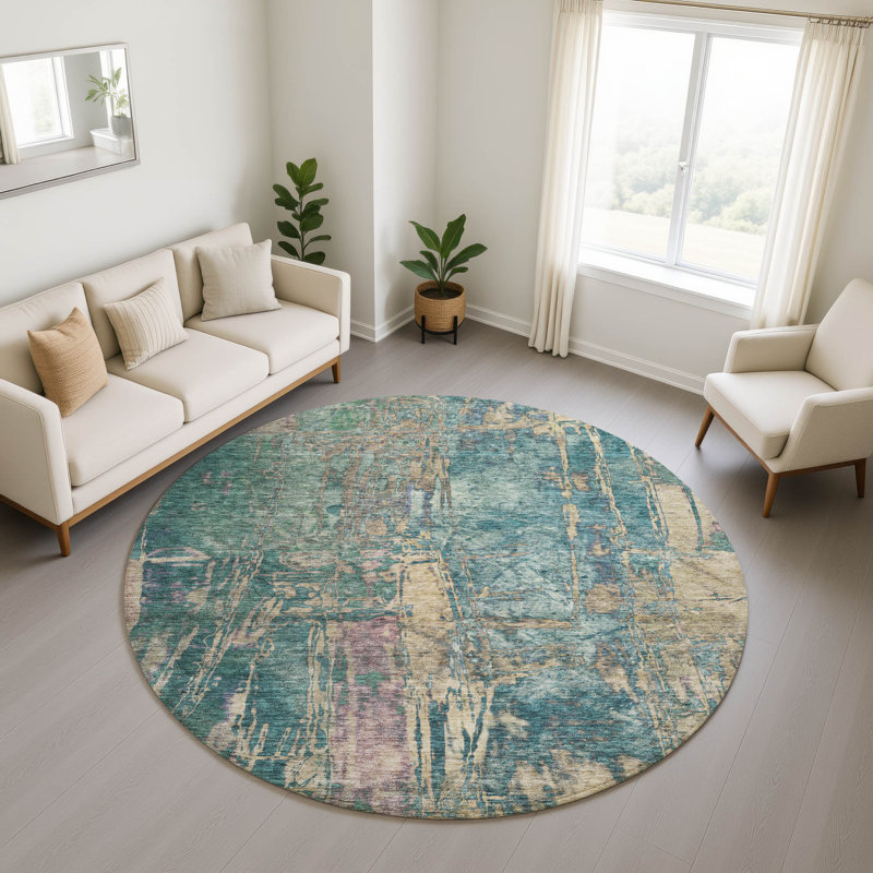 Premium Machine Washable Mayfield AMF2236 Abstract Rug, Teal, 8' Round