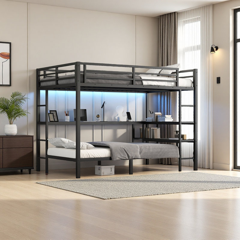 Lit superposé simple au-dessus d'un lit simple avec bureau et tablettes Full XL, avec DEL et USB, noir