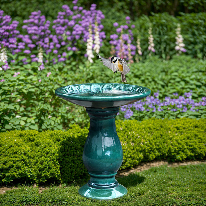 21.7'' Elegant Ceramic Bird Bath for Outside with Floral Pattern, Jade Green, Green