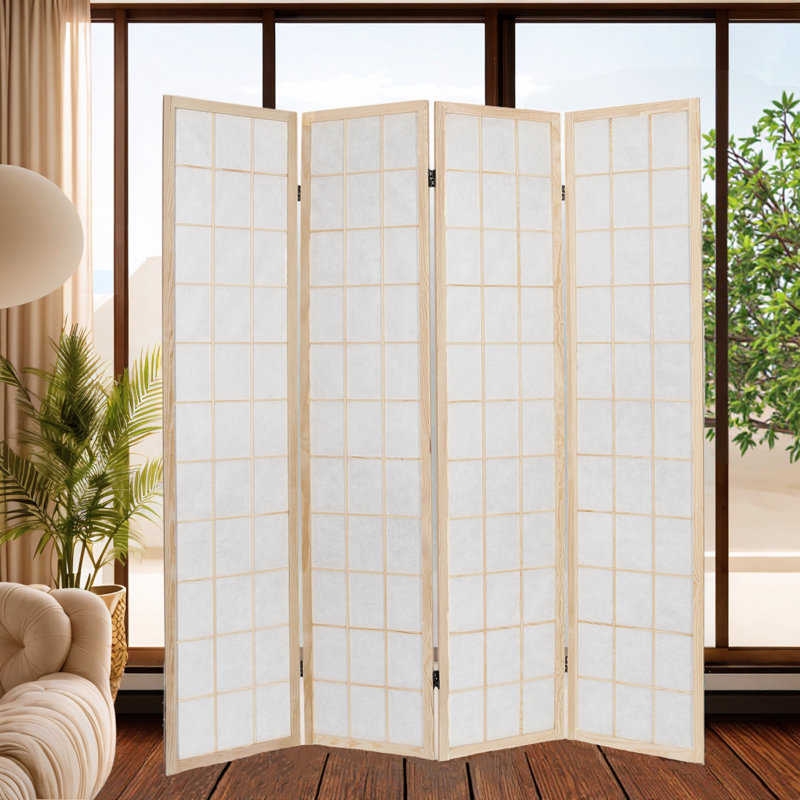 Paravent à 4 panneaux en bois pliable, Blanc