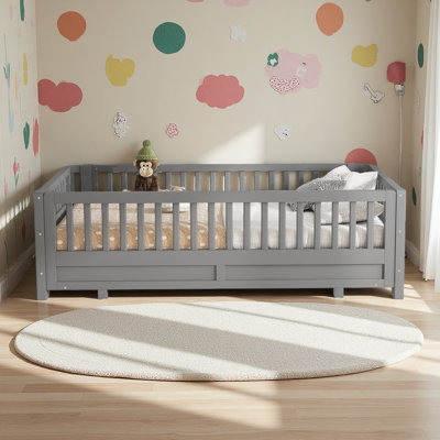 Platform Bed With Guardrails, Solid Wood Bed Frame