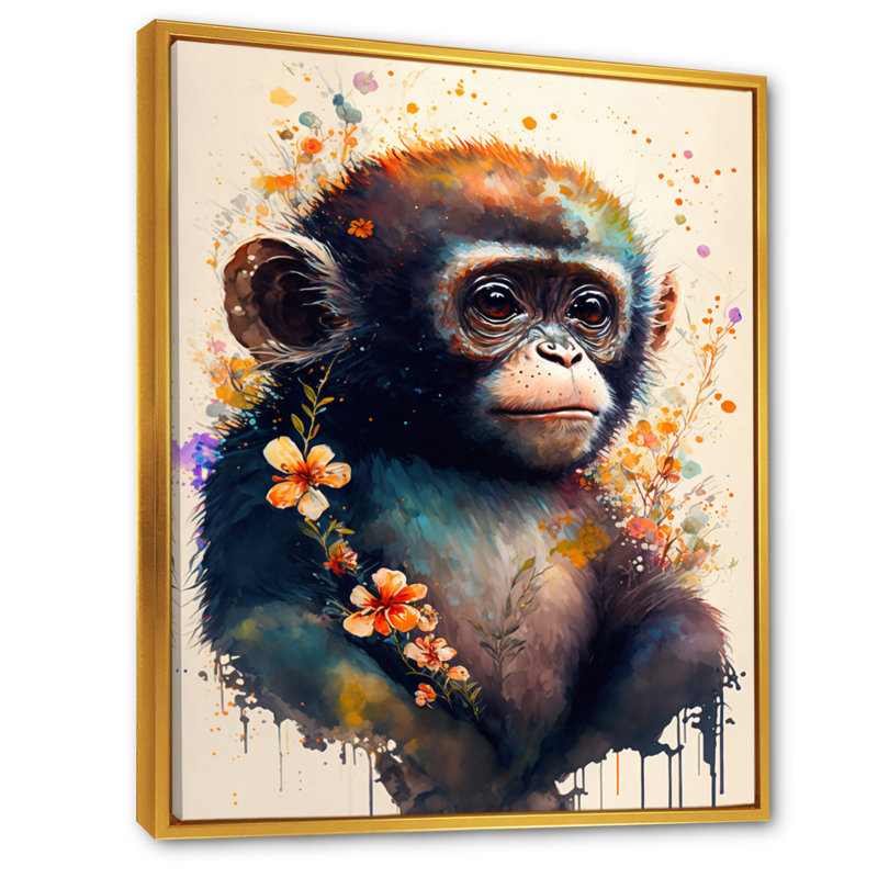 Mignon singe, art floral II - impression, H 32 po x l 24 po x P 1 po, Toile avec cadre flottant or