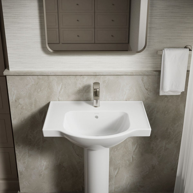 Veer™ Ceramic Pedestal Bathroom Sink with Overflow, White, Single, 35.5" H x 24" L x 18.25" W