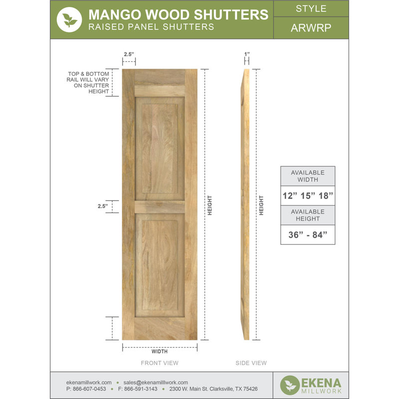 Americraft Two Equal Raised Panel Shutters (Per Pair), 12", Black, 71"