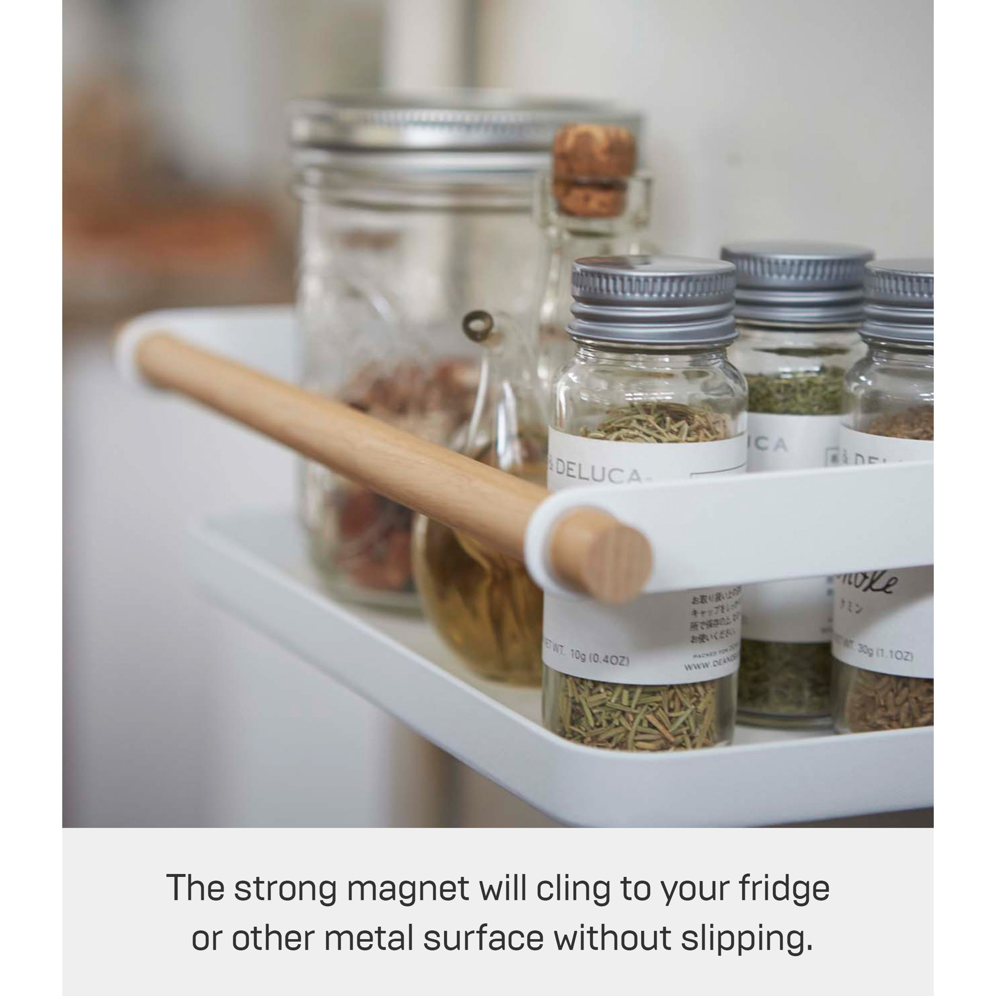 Yamazaki Home Tosca Magnetic Spice Storage Rack Organizer For Fridge - Steel + Wood, White