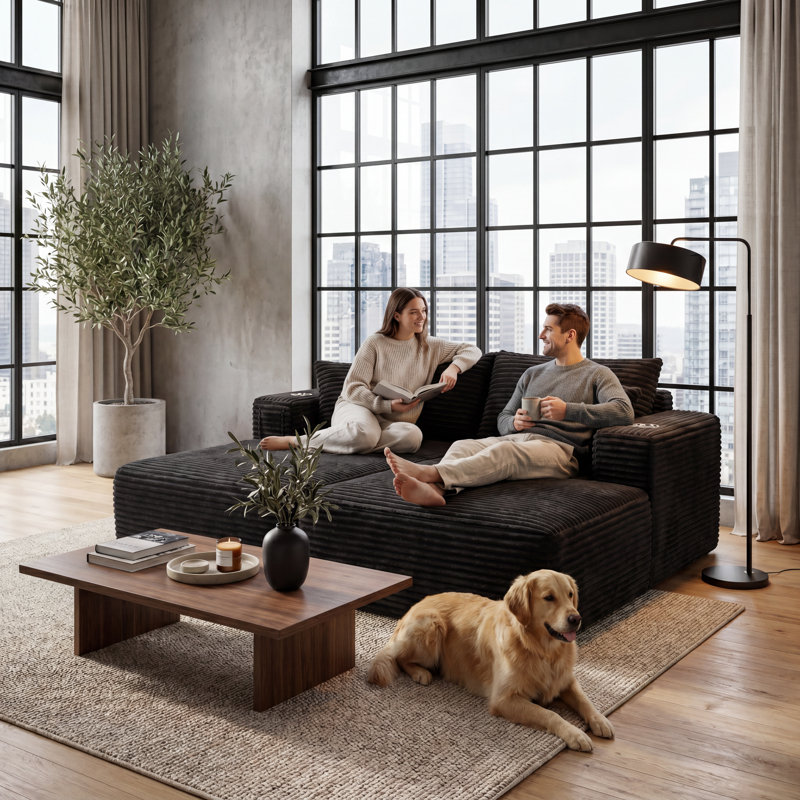 Hornbeck 74" Modern Deep Seat Corduroy Sofa Bed Compression Lounge Couch with Oversized Cushions, Black
