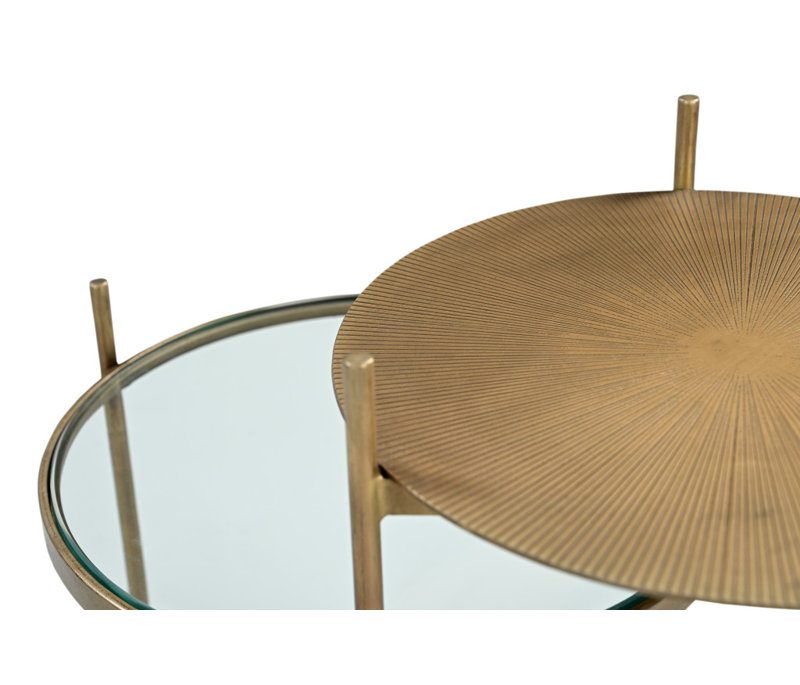 Table de bout ronde 24 "en laiton, verre et fer blanc et marbre avec deux tablettes