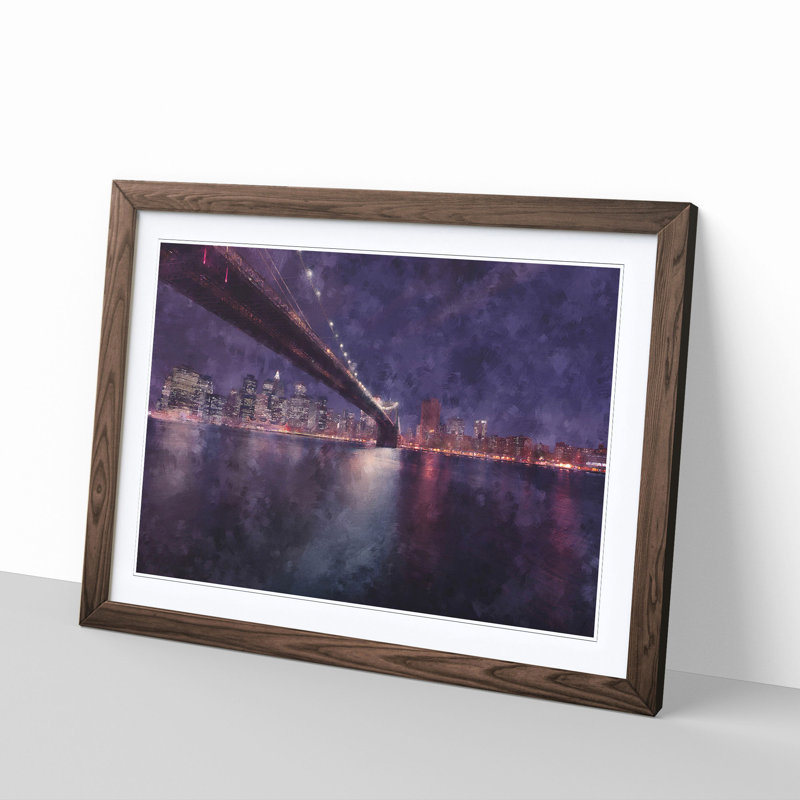 Brooklyn Bridge in New York City Painting 1 Piece Single Picture Frame Wall Art on MDF, 62cm H x 87cm W x 2cm D, Walnut