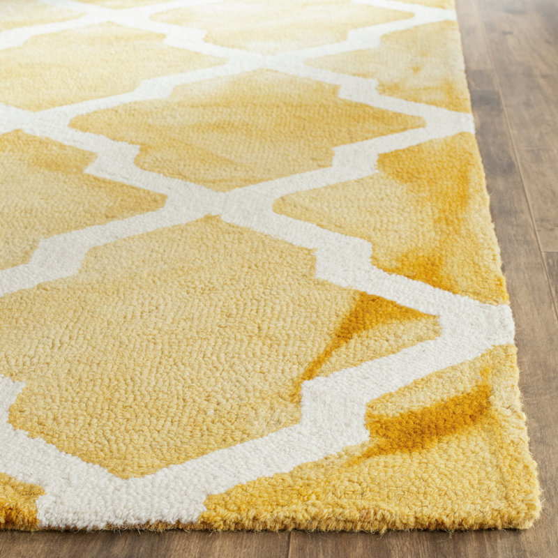 Tapis jaune / ivoire en laine touffeté fabriqué à la main à motif géométrique, Rectangle 3 pi x 5 pi