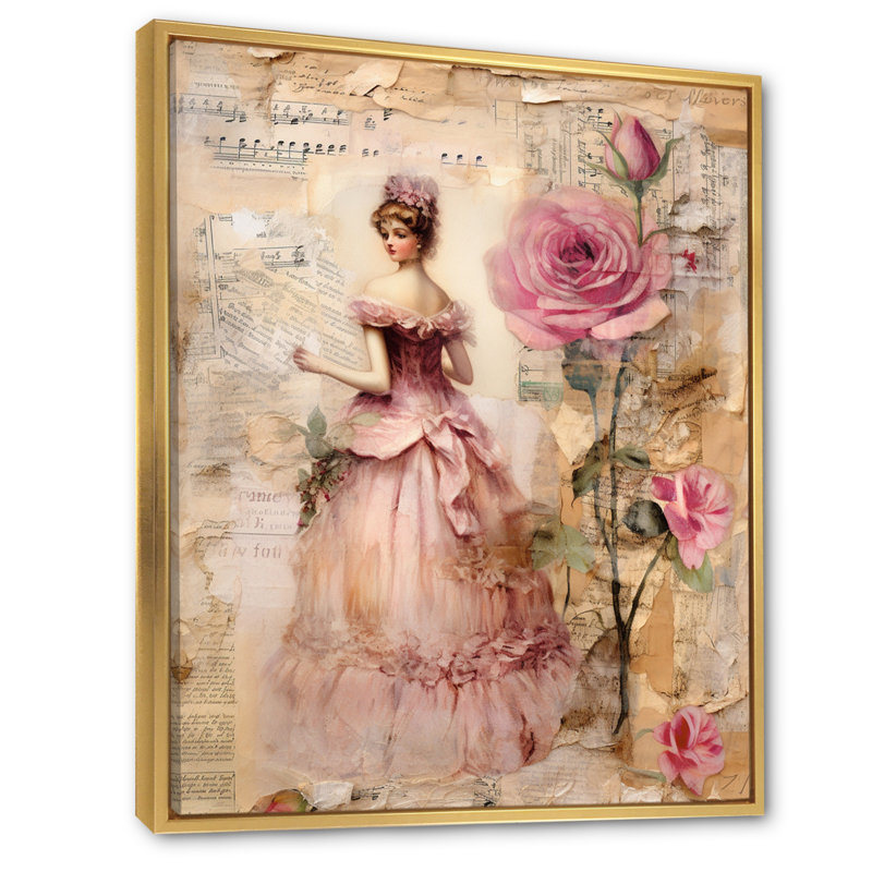«Victorian Lady Pink Roses Rustic Vintage I - Rose», art mural encadré, 32" H x 24" W, Cadre flottant doré