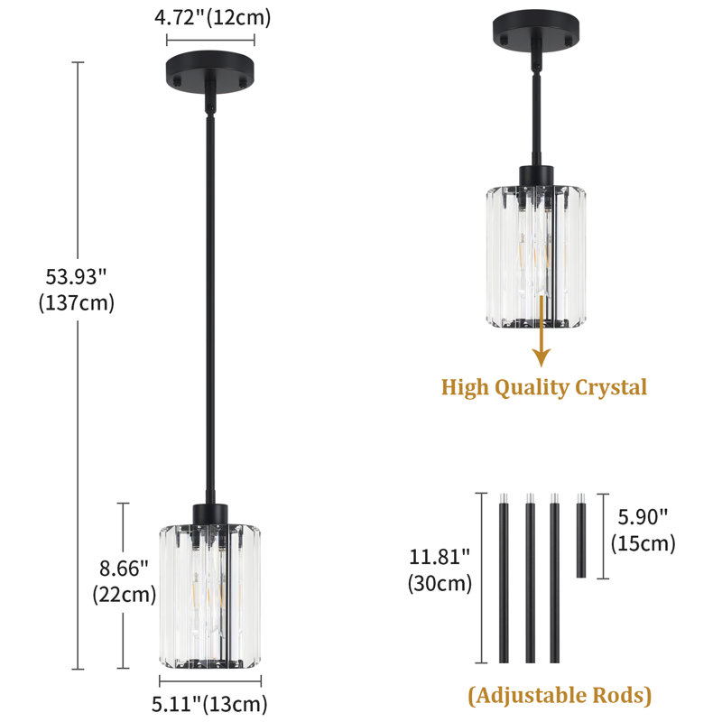 Bette 1-Light Modern Crystal Single Pendant Light With Adjustable Height, Matte Black