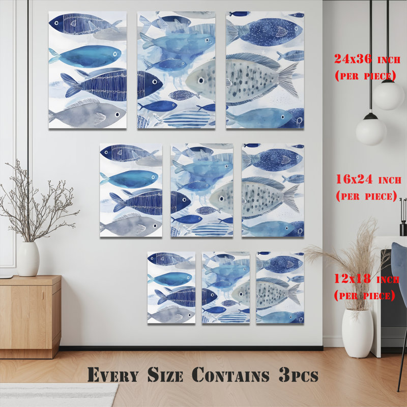 «Blue Fish», art mural enveloppé sur toile, motif côtier moderne (ensemble de 3), H 24 po x l 48 po