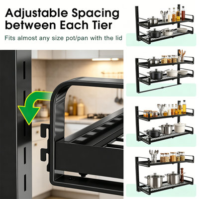 19"-30" Expandable 2 Tier Wall Mounted Pot Rack with 10 Hooks and 5 Lid Holders