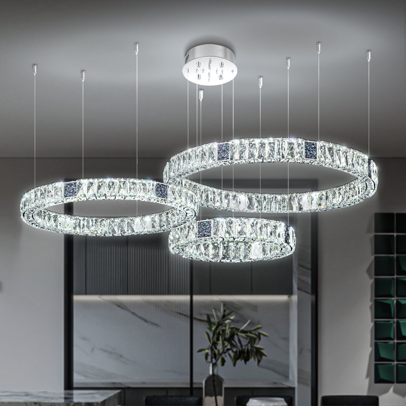 Sliver 3 Rings Crystal Chandelier Round Pendant Light Fixture for Foyer Living Room Bedroom D15.7''x D23.6''x D31.5''