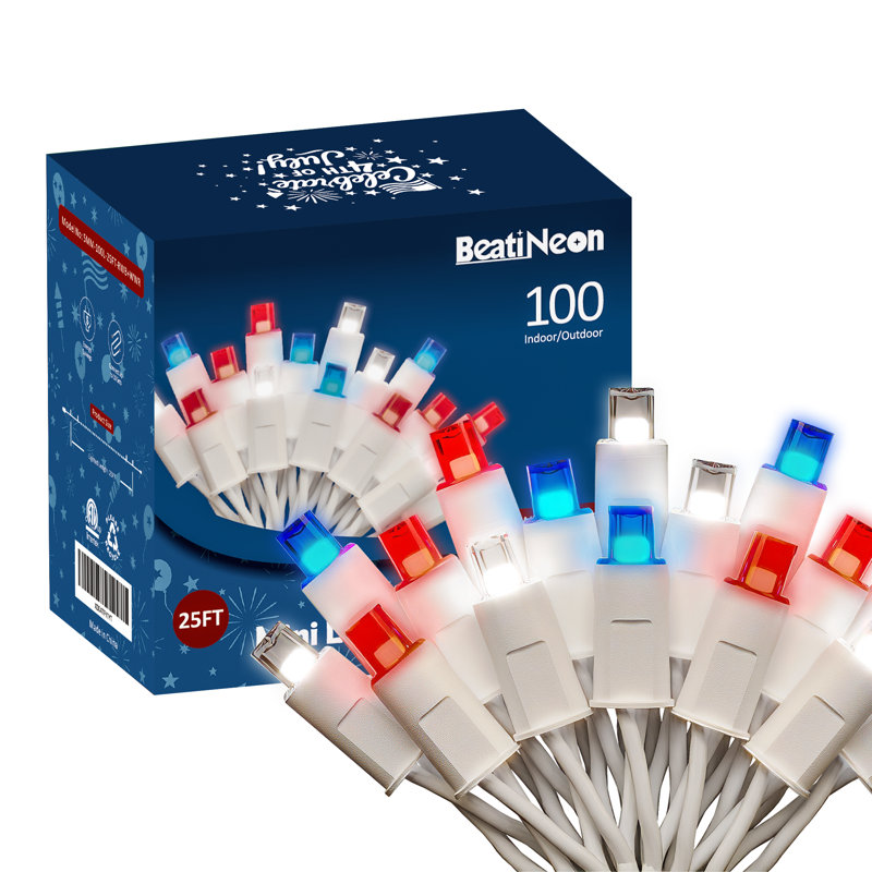 25 lumières rouges et blanches et bleues 25FT-100 mini lumières à DEL de qualité commerciale imperméables pour la décoration des Fêtes, décorations de Noël