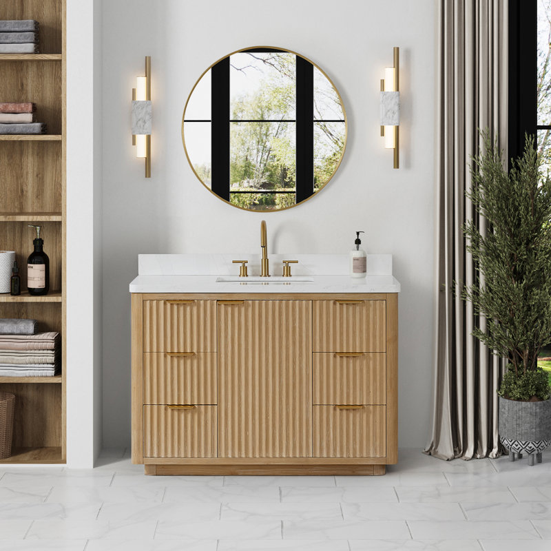Ensemble de meuble-lavabo simple 48 "avec miroir Adela, Blanc / Blanc, Doré, Brun