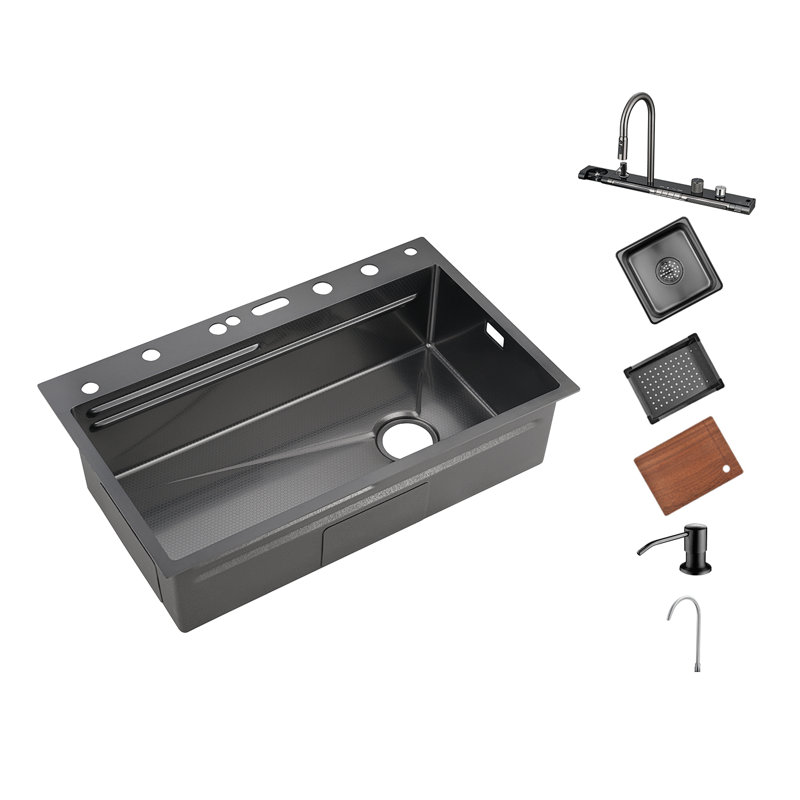 Lefton 33"x22" 304 Stainless Steel Waterfall Kitchen Sink Set With Pull-down Faucet, Rainfall Water Outlet, Glass Rinser, Soap Dispenser, Battery-free Temperature Display In Fahrenheit, Grey, Ks2207l