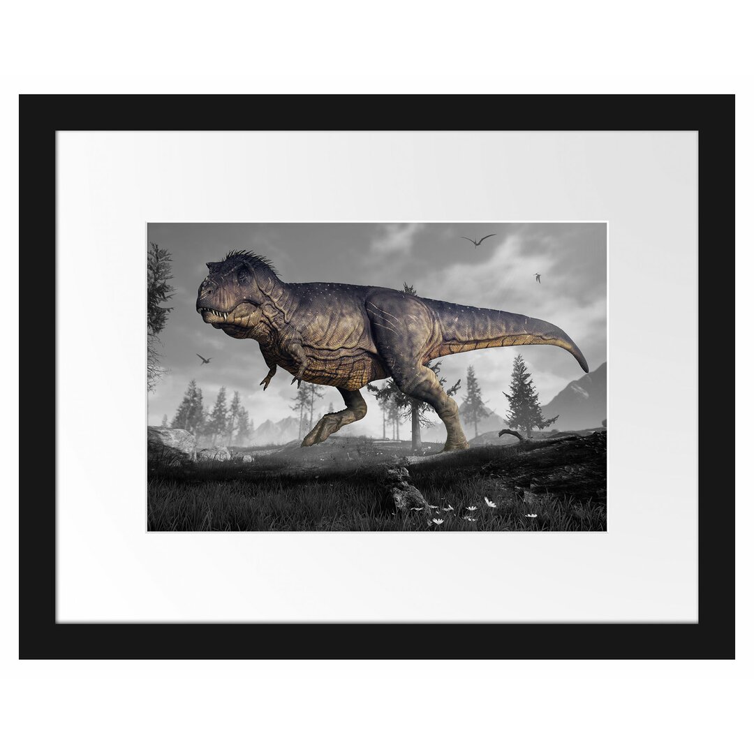 Gerahmtes Poster T-Rex Dinosaurier in der Natur