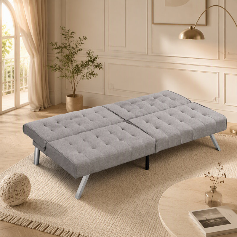 Canapé-lit futon polyvalent avec cadre en bois robuste et pieds élégants en acier inoxydable