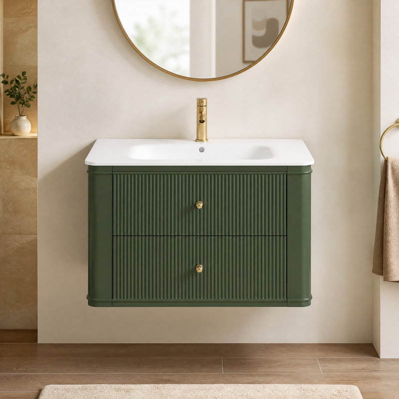 Meuble-lavabo mural flottant vert 30 po avec lavabo en bois d'hévéa massif avec tiroirs en queue d'aronde à fermeture en douceur