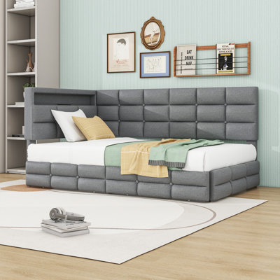 Twin Linen Upholstered Daybed with Multi-Color LED, Built-In Charging Station and Drawers
