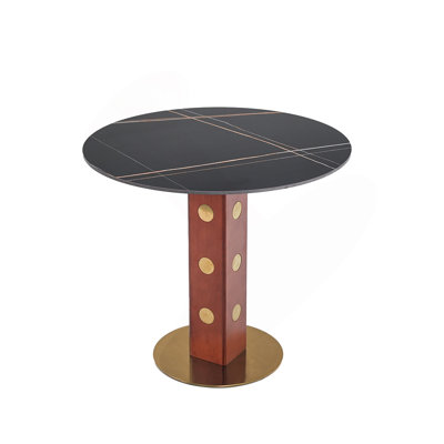 Modern Round Dining Table, 33.5" Sintered Stone Table With Wooden Leg & Gold Base, 2 - Person Kitchen Table For Small Space, 150Lbs Weight Capacity(Only The Negotiation Table)