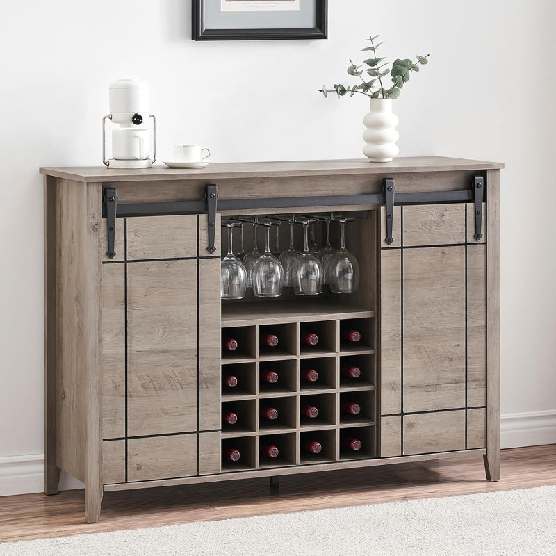 Farmhouse Wine Bar Cabinet,47" Coffee Bar Cabinet With Sliding Barn Door, Buffet Sideboard Cabinet With 16 Bottle Wine Rack For Dining, Living Room