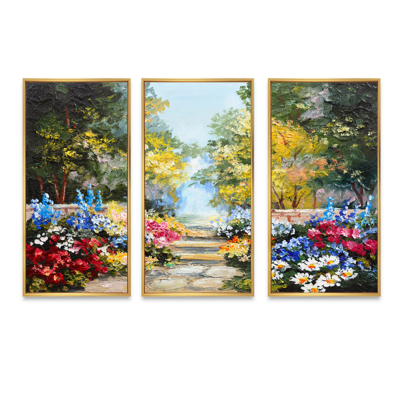 Forêt d'été avec fleurs - ensemble d'art mural sur toile encadré paysage, H 32 po x l 48 po x P 1 po, Or