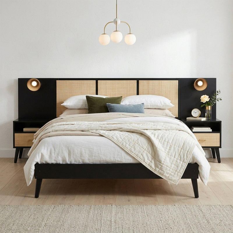 Structure de grand lit plateforme avec tables de chevet intégrées et lampes de lecture intégrées, tête de lit tissée en rotin Boho moderne, support à lattes de bois, aucun sommier nécessaire, noir et naturel