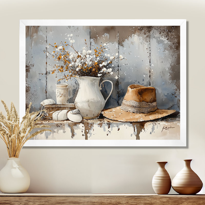Décoration murale campagne et chapeau campagnard, H 34 po x l 44 po, Reproduction encadrée d'une seule photo sans pass, Blanc