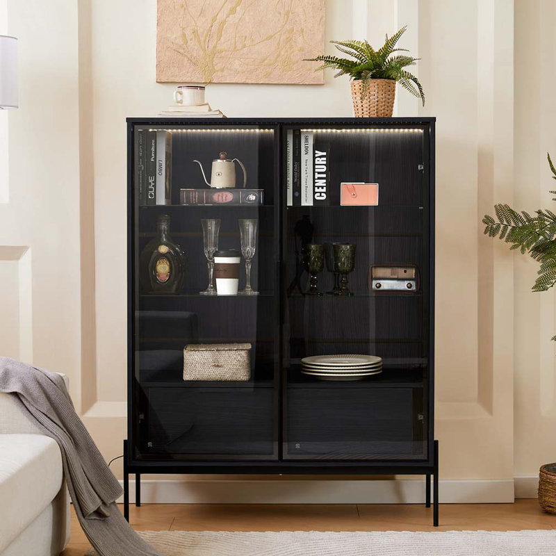 Vitrine éclairée de 51,2 po de hauteur avec porte en verre trempé, Noir