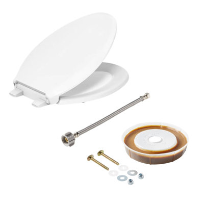 White Cachet Elongated Toilet Seat with Supply Line, Wax Ring, and Hardware Kit - Complete Toilet Bundle