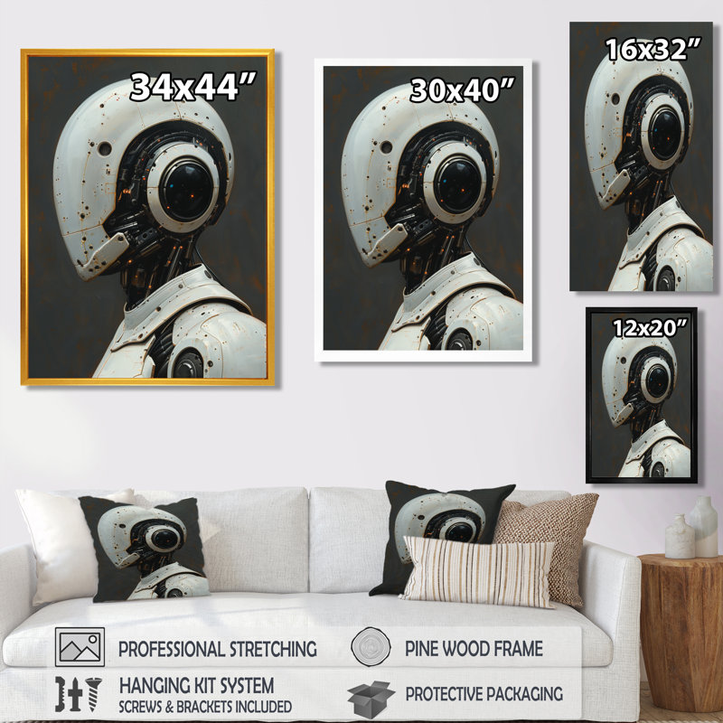 «White Grey Steel Steel Sentinel Robot - Robots», reproduction d'art mural, H 12 po x l 20 po, Cadre flottant brun
