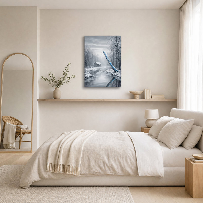 Impression sur toile Snowy Forest Stream avec Blue Lichen Log, H 18 po x l 12 po