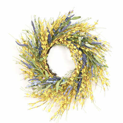 24" Artificial Farmhouse Spring Summer Wild Lavender Berry Forsythia Front Door Wreath
