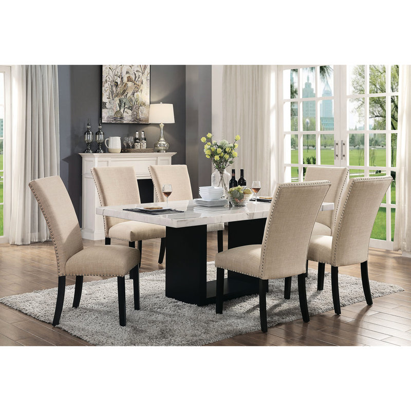 Superbe table à plateau en marbre avec 6 chaises d'appoint en tissu beige, ensemble de salle à manger 7 pièces, meubles en bois noir