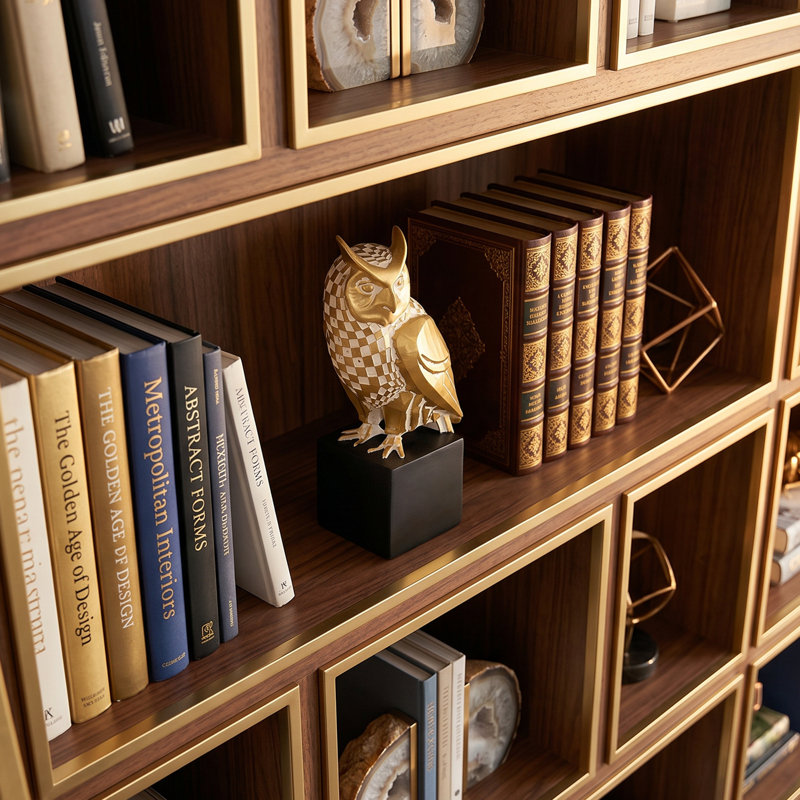 Cute Gold Owl Figurine, Checkered Resin Owl Statue with Black Pedestal Base