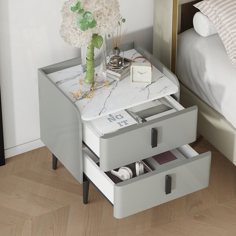 Table de chevet avec plateau en marbre, Gris, Individuel