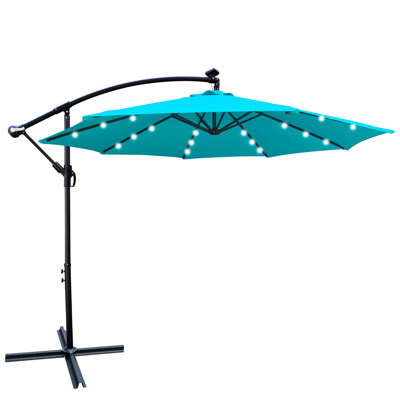 Parasol de patio extérieur 10 pi avec lumières à DEL, abat-jour imperméable à 8 nervures, manivelle et base en croix pour le jardin, la terrasse et la piscine
